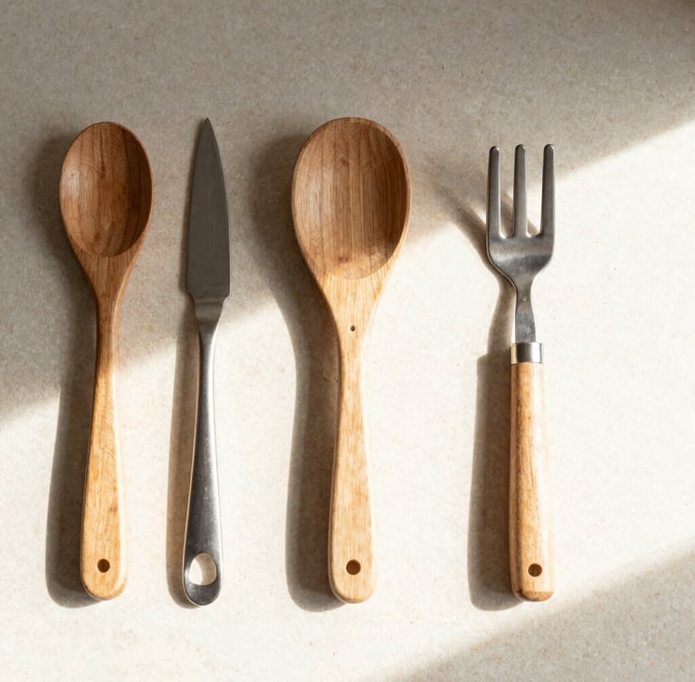 Overhead flat lay of beautifully organized wooden and steel kitchen tools on a light stone counter, soft natural morning sunlight, warm shadows, 35mm editorial photography