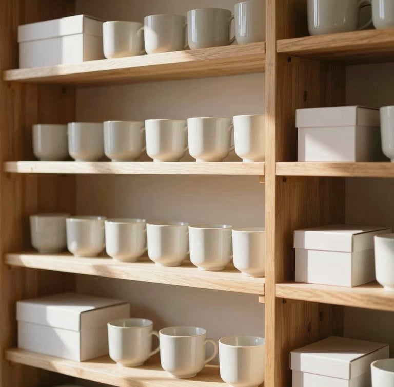 A close-up editorial photograph of neatly organized wooden shelves in warm morning light, showcasing minimalist ceramic cups and structured storage boxes, soft organic shadows, 35mm.