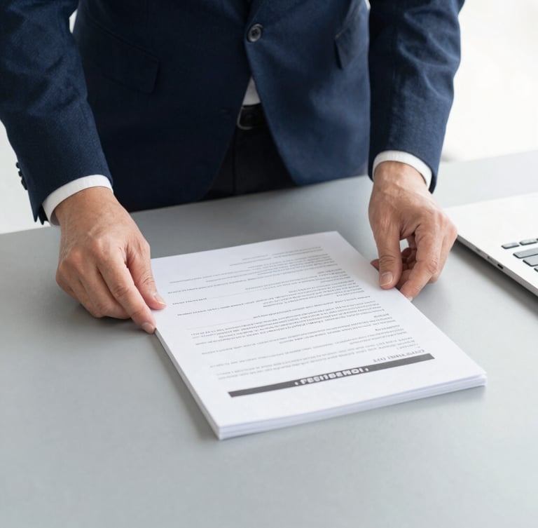 Professional corporate photography, clean neutral office daylight, close-up of hands organizing official German compliance documents on a slate grey desk, sharp focus, 35mm