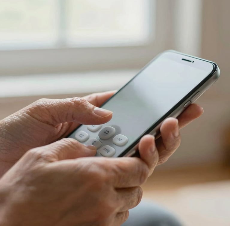 Close-up macro shot of wrinkled senior hands and smooth child hands holding a mobile device with high-contrast clarity and large tactile buttons. Soft natural window light, warm editorial photography, shallow depth of field.