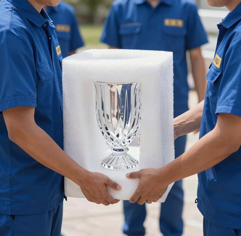 Close-up of professional movers wearing royal blue uniforms carefully wrapping a delicate crystal vase with double-wall protective foam, natural daylight, 35mm lens