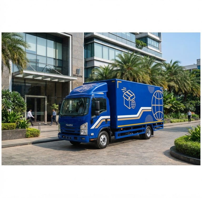 Pristine modern moving truck with clean royal blue branding parked outside a luxury corporate office in Bangalore, bright natural daylight, 35mm lens