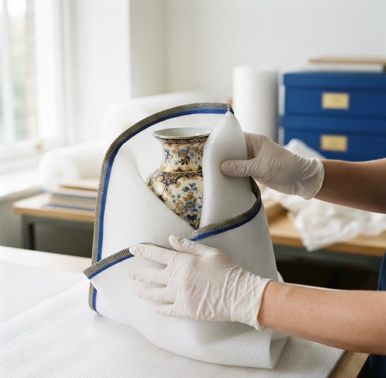 Close-up of professional gloved hands carefully wrapping a vintage porcelain vase in thick protective gold-trimmed foam, bright natural daylight, royal blue accents, 35mm lens