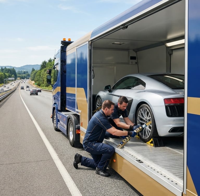 A premium enclosed car carrier truck on a clean highway under bright daylight, a sleek luxury sedan visible inside, professional crew securing wheels.