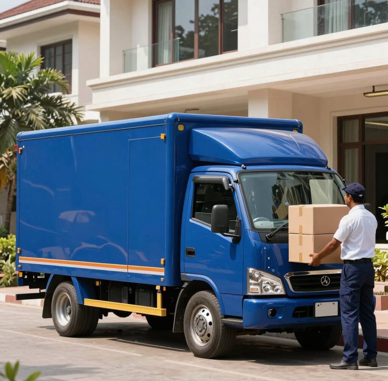 A pristine, modern royal blue moving truck parked outside a luxury residence in Bangalore, professional crew members in clean uniforms loading structured boxes, bright daylight, 35mm lens