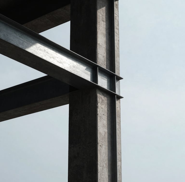 Portrait-oriented architectural detail of a concrete column meeting structural steel, cool overcast natural light, sharp side shadows, deep charcoal and silver tones, high-contrast, minimalist, 35mm.
