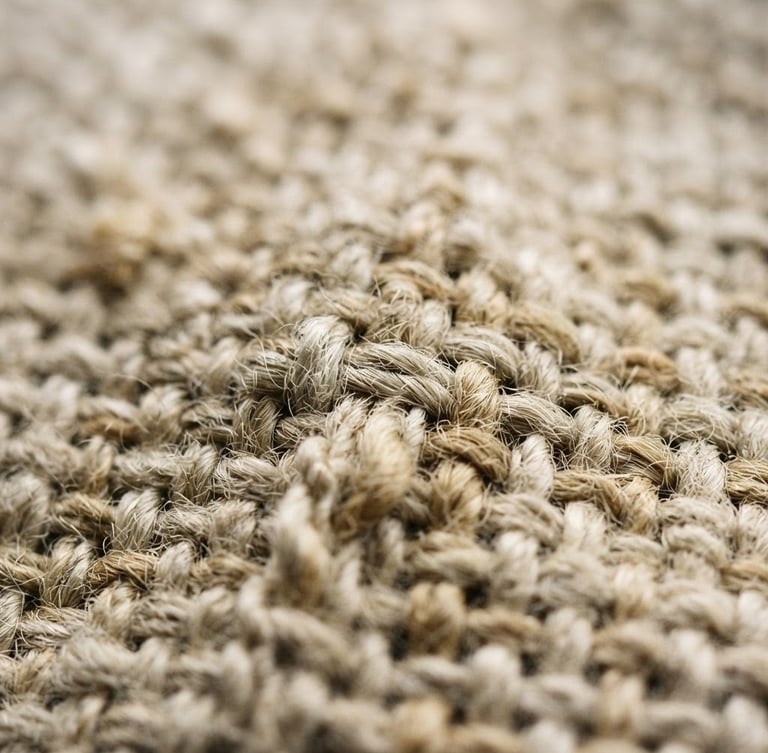 Tight macro shot of heavy-weight unpressed oatmeal linen fabric weave, soft afternoon side-light, shallow depth of field, 35mm
