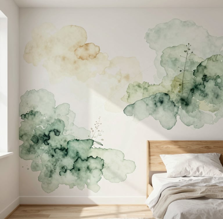 A finished watercolor mural with soft green and earthy pastel tones on a bedroom wall, positioned next to a minimalist wooden bed, sunlit by soft diffused window light