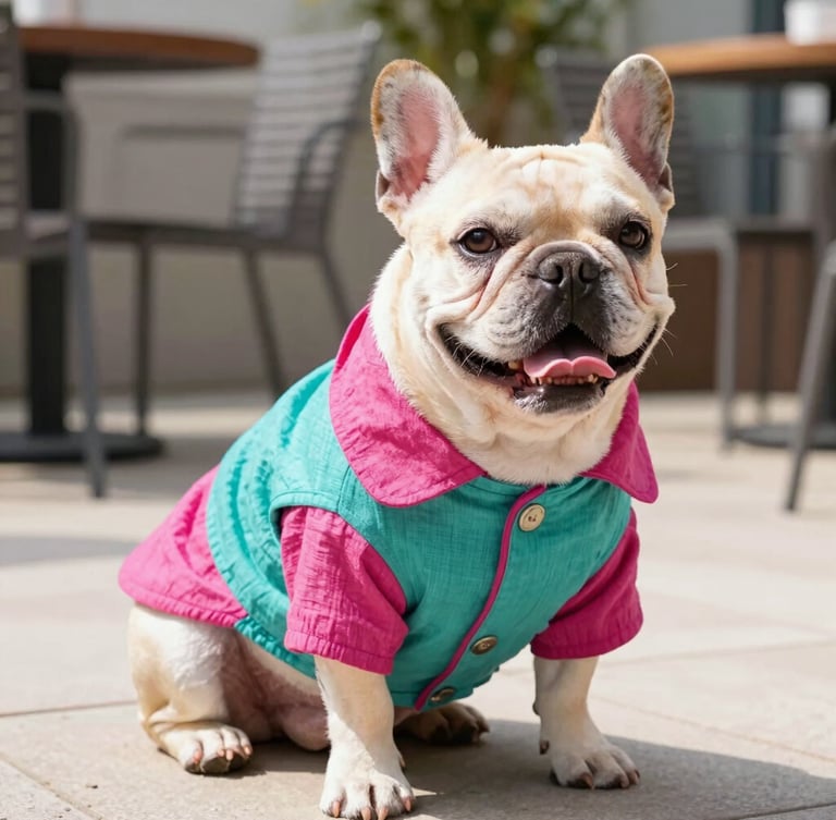 Vibrant lifestyle pet photography, bright natural daylight, a happy French Bulldog wearing a custom-tailored colorful teal and magenta linen coat, sitting comfortably on a sunny patio, shallow depth of field, 35mm lens