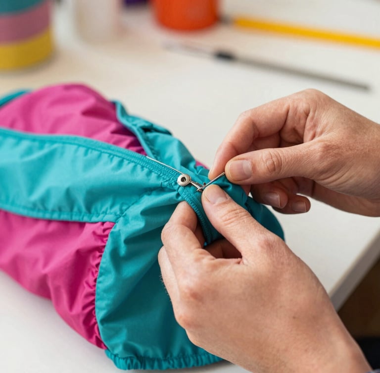 A close-up of hands carefully sewing a colorful pet jacket in a bright, warm workshop in Celaya, fabrics in teal and magenta visible
