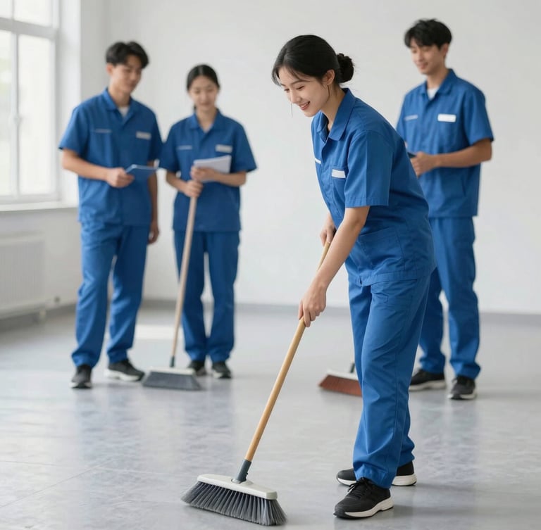 Medium shot of a professional, friendly team member in a clean uniform sweeping a light grey floor with a broom, soft natural daylight, calm and respectful atmosphere.