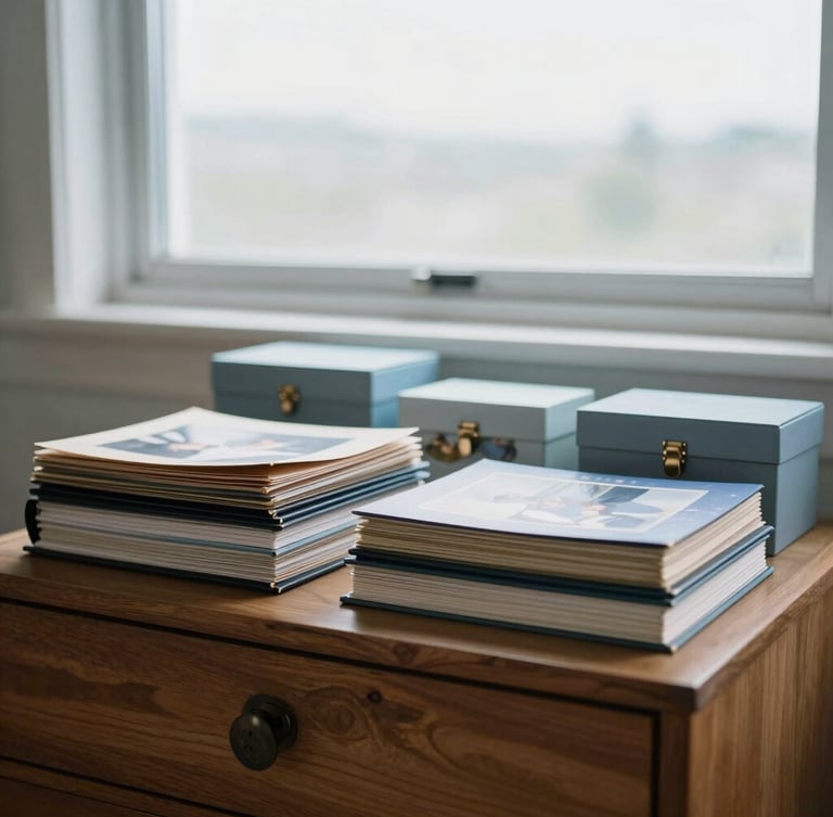 An organized wooden chest with neatly stacked photo albums and small keepsake boxes on top, soft overcast daylight coming from a window, warm and respectful tone, 35mm lens