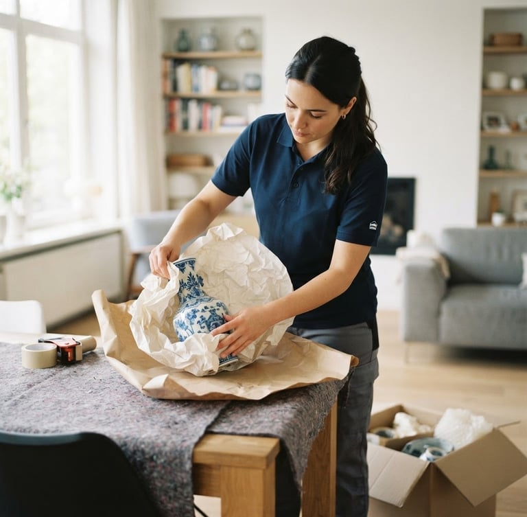 A professional team member in a clean uniform carefully wrapping a vintage ceramic vase in protective paper inside a bright, organized Dutch home, soft natural daylight, respectful atmosphere, 35mm lens
