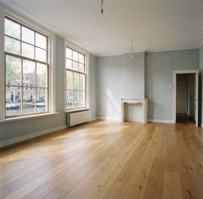 A clean, bright, empty living room in Haarlem after a successful clearance, sunlight streaming through large windows onto a perfectly swept wooden floor, calm and serene atmosphere.