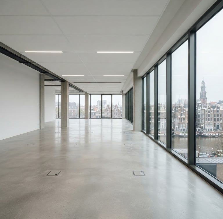 A wide-angle shot of a spacious, completely cleared modern office building in Amsterdam. Clean concrete floors, empty white walls, large windows letting in soft natural overcast light, pristine space ready for key handover.