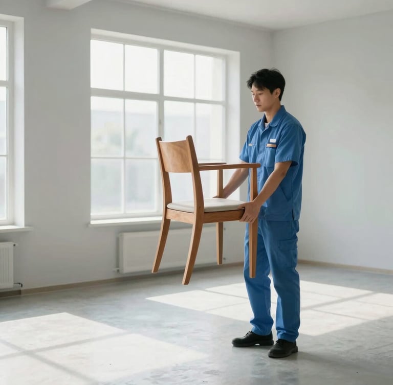 Professional team member in clean uniform carefully carrying a wooden chair in a bright, spacious, nearly empty living room with sunlight streaming through a large window, soft natural daylight, calm blue and grey tones