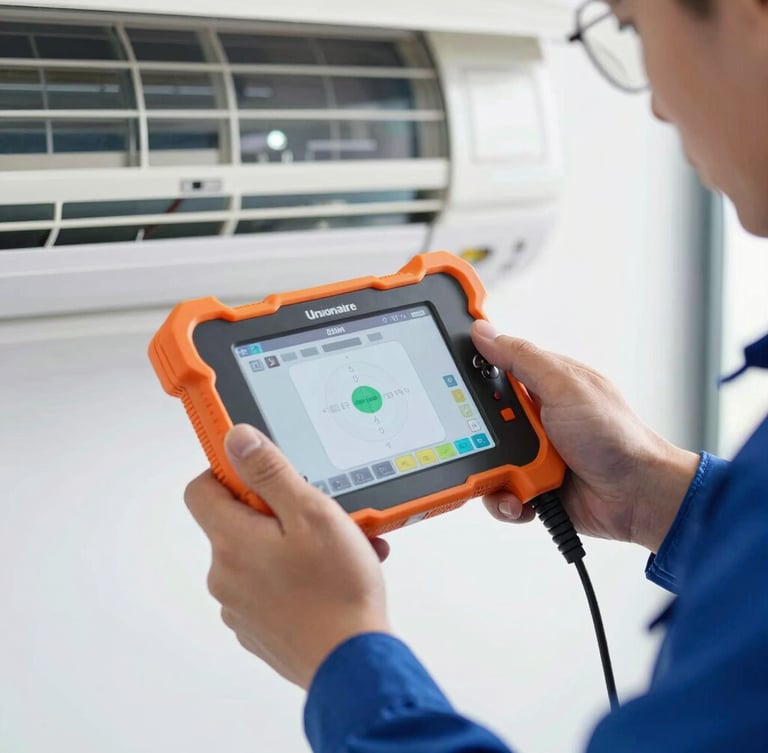 Close-up of a professional technician's hands using digital diagnostic tools on a modern Unionaire air conditioner control board, bright daylight, realistic workshop setting, 35mm