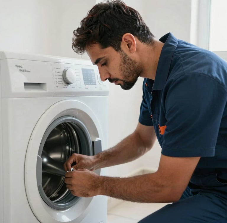 Professional Egyptian technician in a clean dark blue uniform repairing a washing machine drum, focused expression, bright natural indoor lighting, 35mm