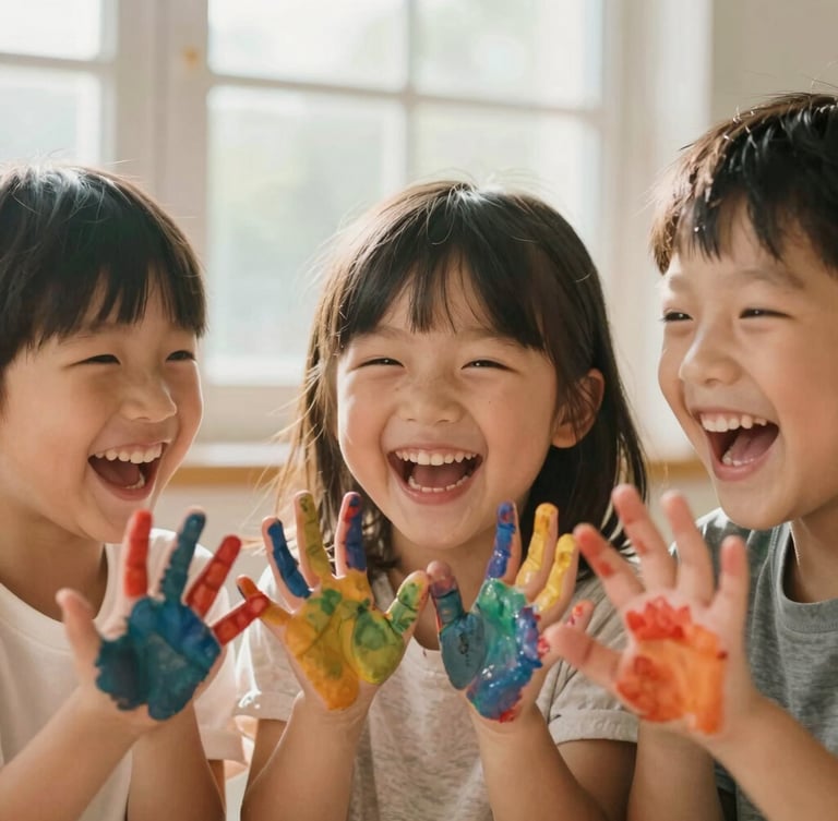 A close-up, child-eye level shot of three young children laughing together, their hands covered in colorful finger paint, warm morning light streaming through a window.