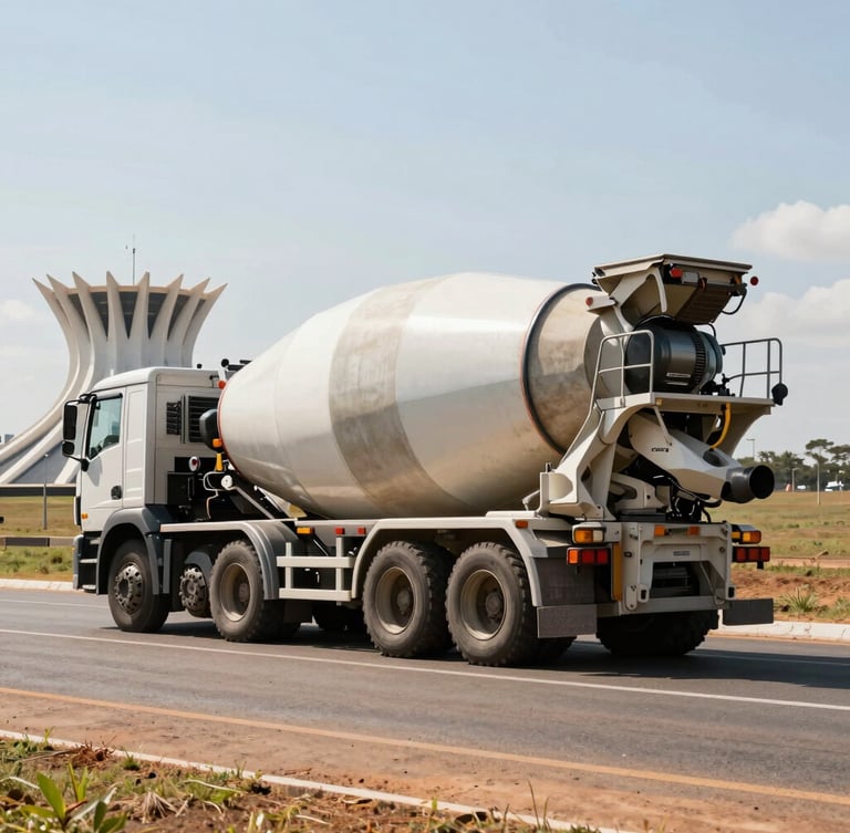 A heavy-duty concrete mixer truck driving on a clean asphalt road in Brasília, geometric architecture in the distant background, bright daylight