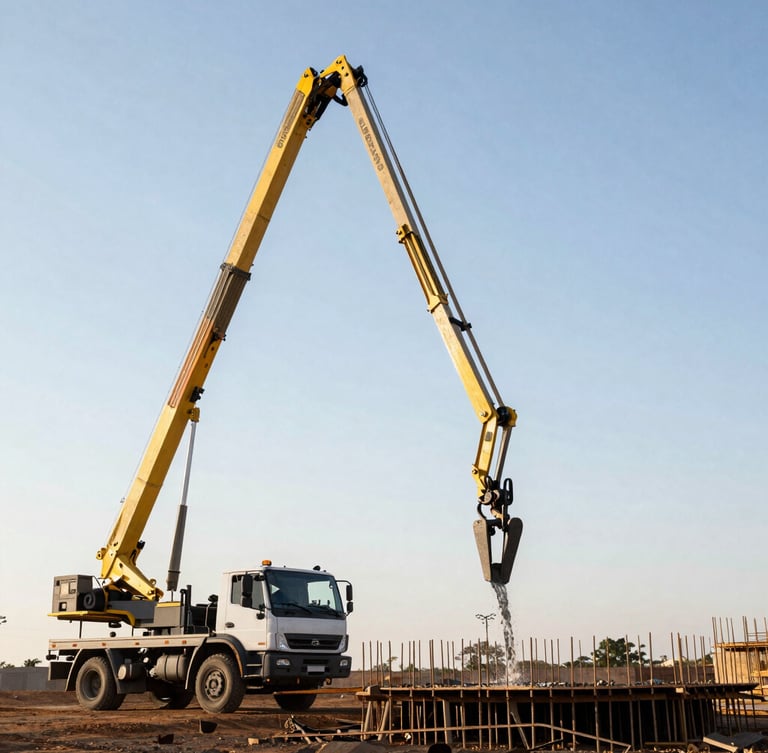 Low-angle shot of a heavy concrete boom pump extended against a bright, dry Brasília sky, active concrete pour on a structural slab.