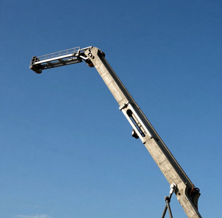 Low-angle shot of a massive concrete boom pump extended against the bright blue Brasília sky, high-contrast daylight, raw steel textures.