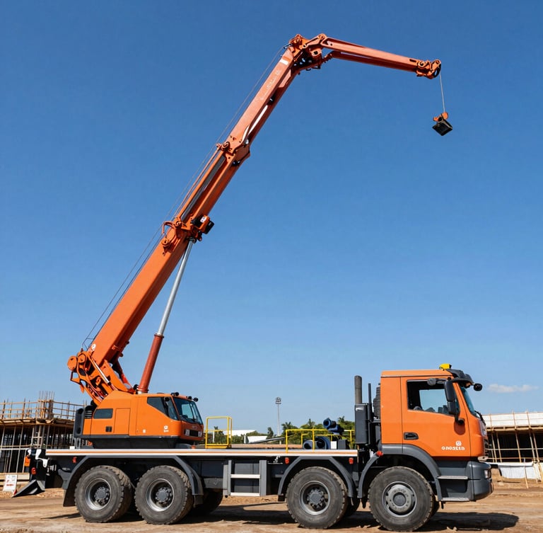 Low-angle dynamic shot of a massive concrete boom pump truck painted in safety orange, extending its metallic arm high into a bright clear blue Brasília sky, active construction site in the background, high contrast daylight.