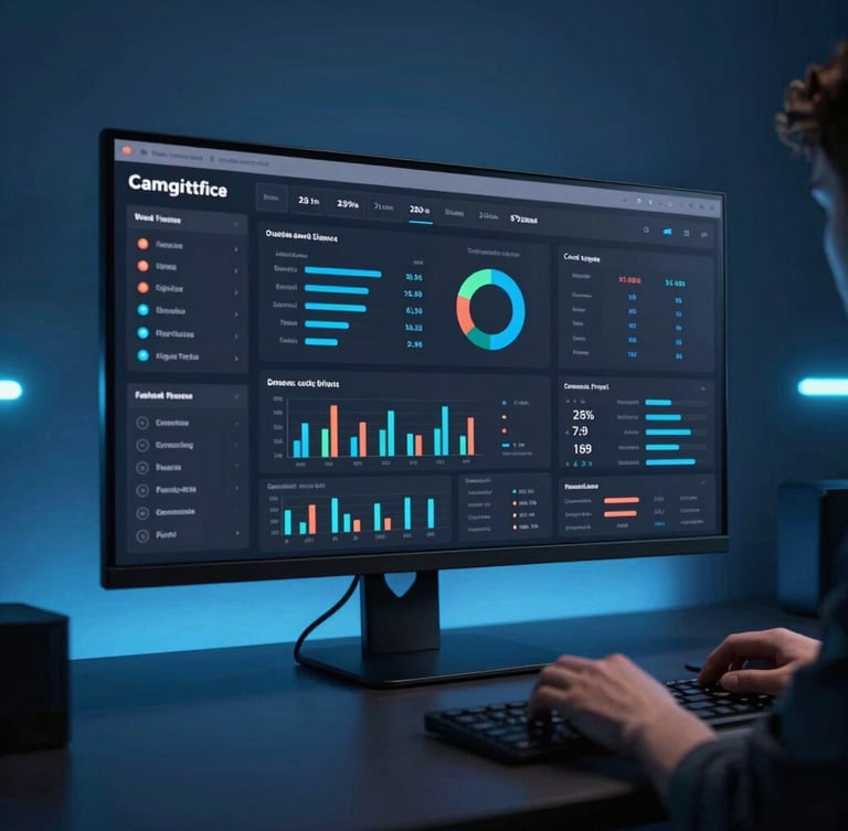 Sleek tech photography of a developer analyzing a dark-themed campaign analytics dashboard on a wide screen, cool studio lighting with neon blue ambient accents, sharp focus, 35mm