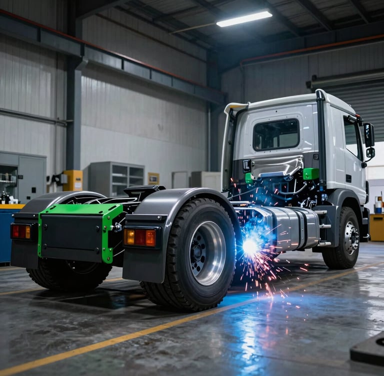 Low-angle dynamic shot of a custom commercial truck chassis inside a high-tech fabrication workshop, blue welding sparks, cool metallic tones, sharp details, 35mm lens