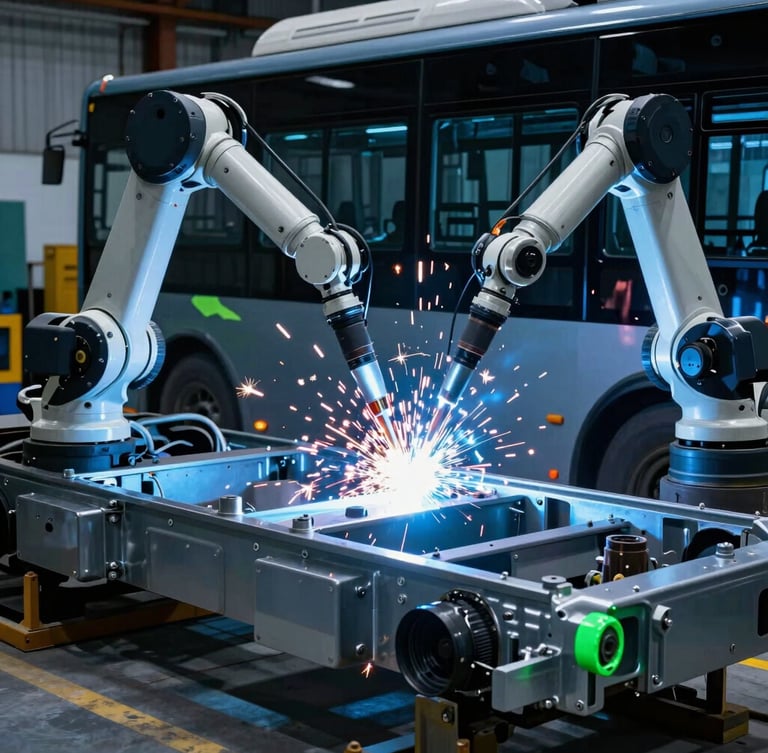 Close-up of a heavy-duty electric bus chassis under construction, sparks flying from robotic welding arms, cool metallic blue tones, sharp details, 35mm lens