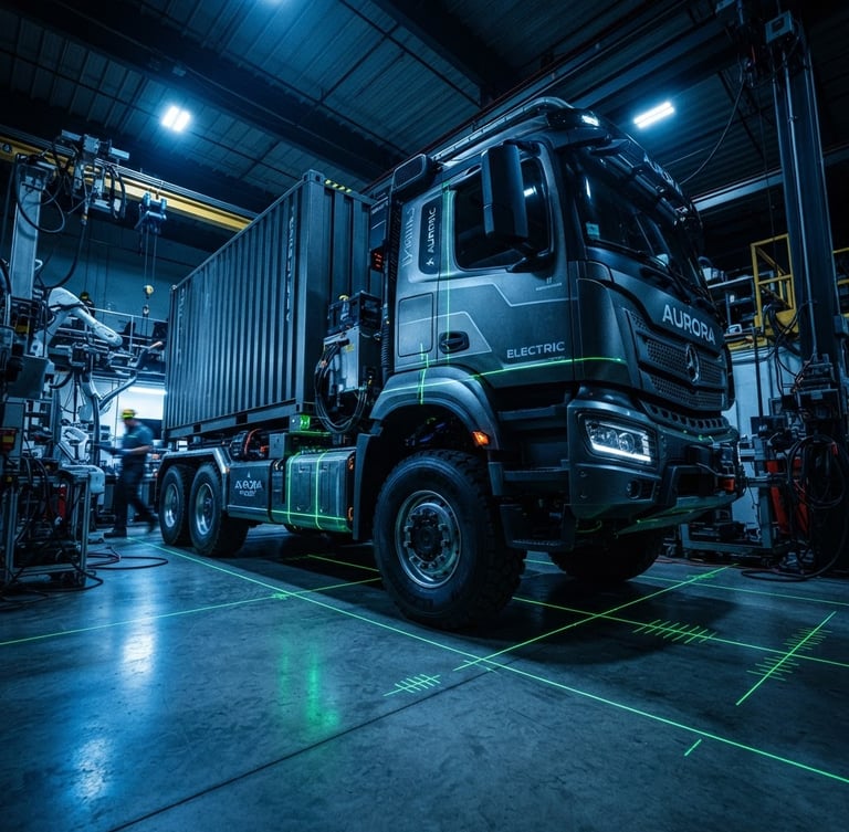 Low-angle dramatic shot of a custom specialized electric cargo truck inside a high-tech industrial workshop with electric green laser alignment lines, metallic blue ambient lighting, 35mm lens