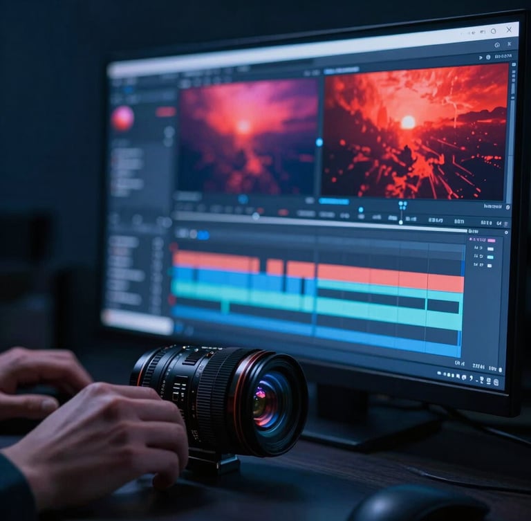 Moody high-contrast close-up of a digital designer working on a high-end editing suite, color grading a video with vibrant red and blue hues on the screen, cinematic corporate photography, 35mm lens.