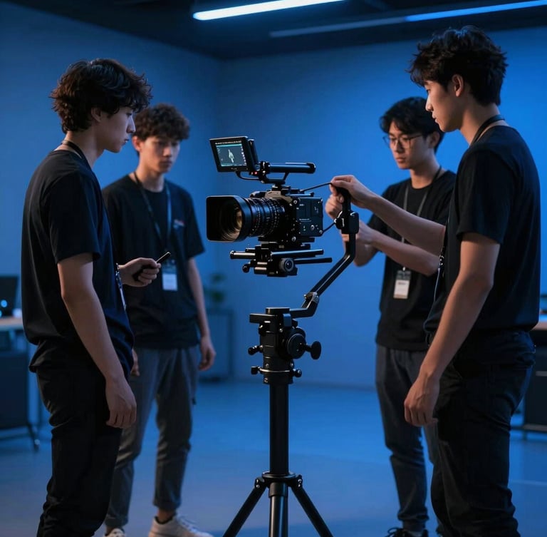 Cinematic corporate photography of a professional video production team adjusting a high-end camera on a stabilizer inside a modern studio, moody high-contrast lighting with deep navy and electric blue tones, 35mm lens.