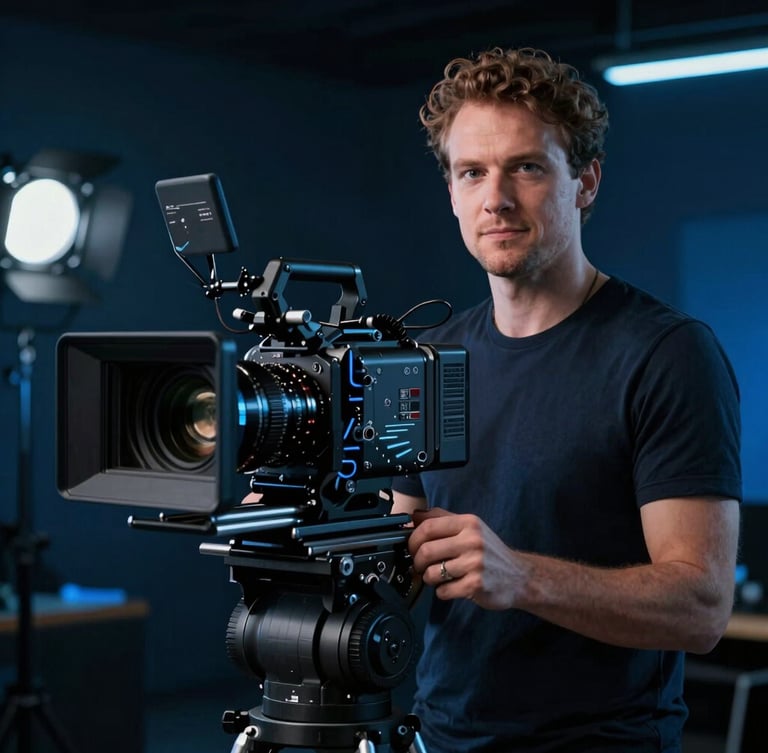 Cinematic portrait of a creative director behind a professional high-end cinema camera, moody studio lighting with electric blue accents, professional production environment