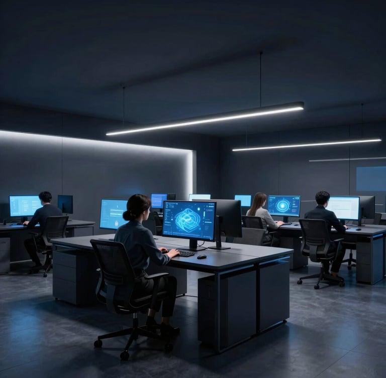 Wide cinematic view of a modern, minimalist office interior with sleek dark furniture and large monitors, subtle blue and white neon lighting, professional non-cliché team collaboration, focus on clean lines and high-tech environment, premium dark-mode digital art.