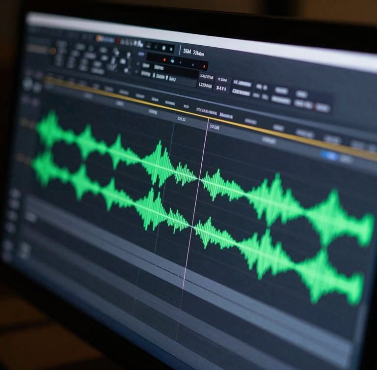 Close-up of professional video editing software timeline with vibrant green audio waves on a dark studio monitor, high contrast, sharp focus, 35mm