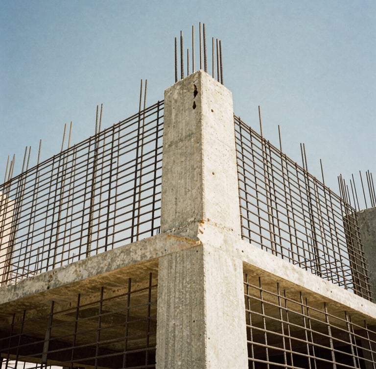 Low-angle architectural construction photography of a raw concrete column and heavy steel rebar grids under harsh Kuwaiti desert sunlight, high-contrast, industrial 35mm film.