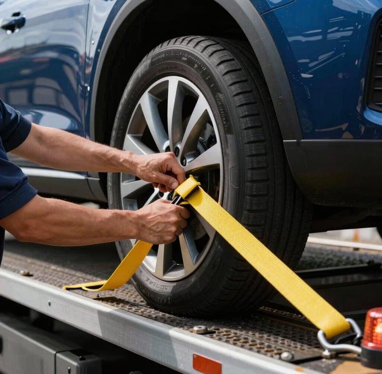 Close-up of professional hands securing a car wheel with heavy-duty yellow straps on a modern flatbed tow truck, natural daylight, high-contrast details.