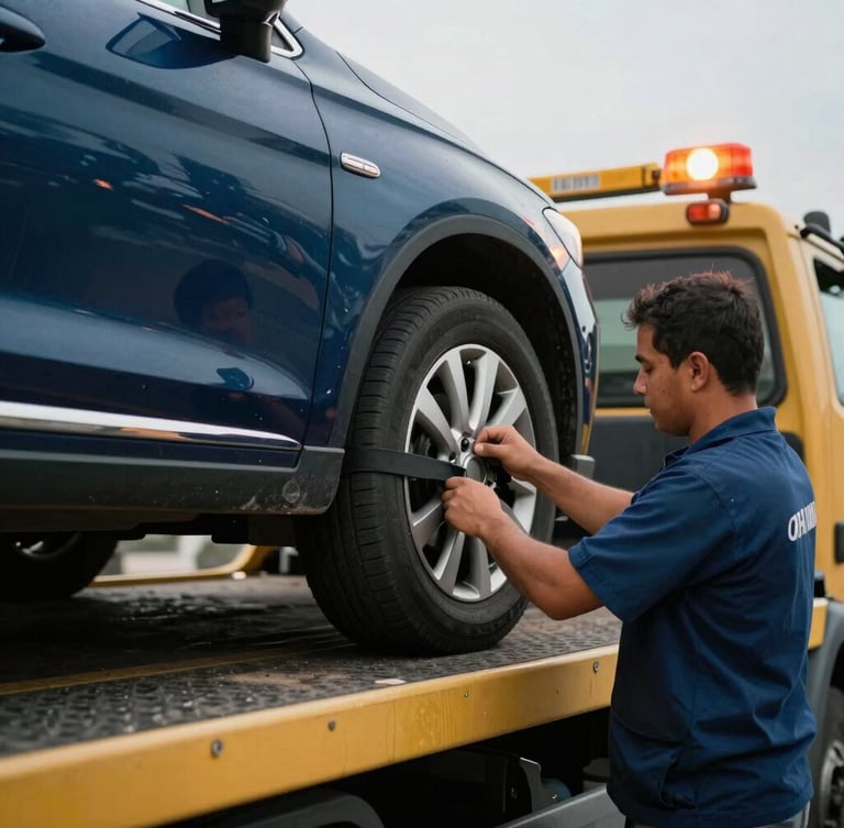 Close-up of a professional operator checking the secure wheel straps of a passenger car on a flatbed tow truck in Lima, daylight, 35mm
