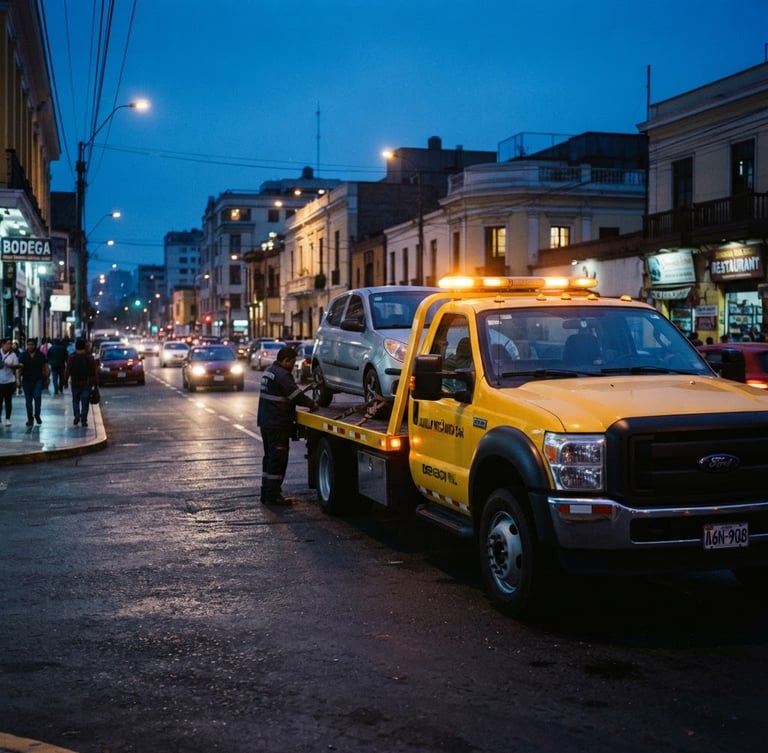 Dynamic editorial photo of a modern yellow flatbed tow truck parked on a Lima street at dusk, emergency amber beacon lights glowing softly, high contrast, 35mm.