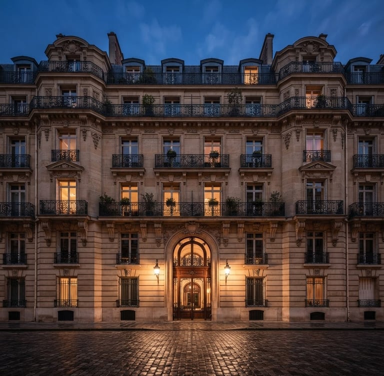 Symmetrical architectural perspective of a classic Parisian stone facade, deep shadows, warm bronze lighting, editorial financial photography style