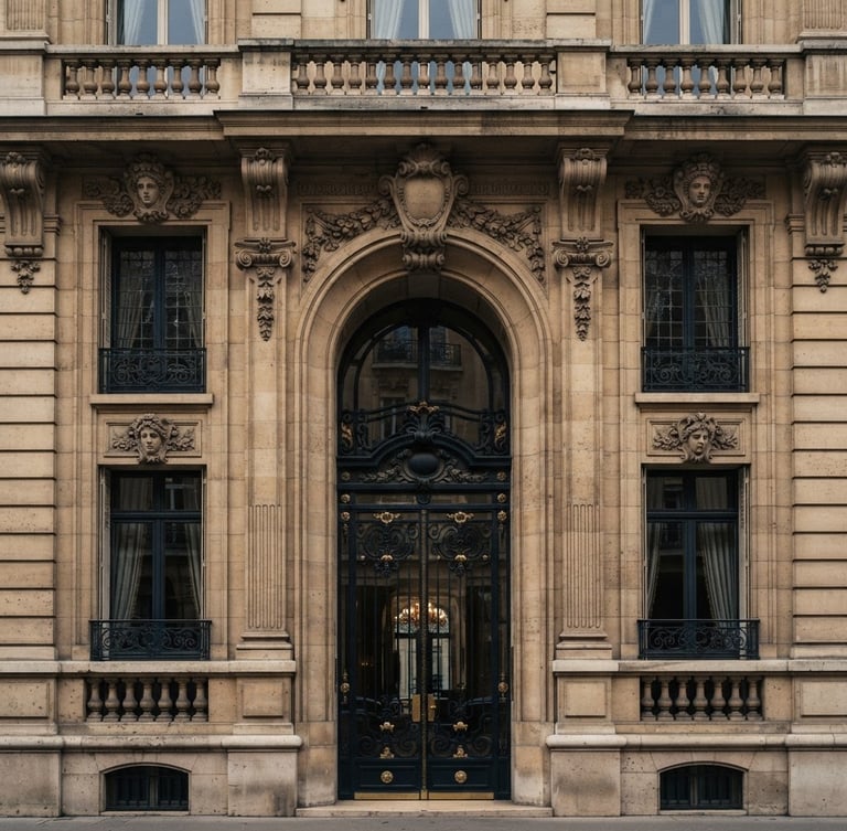Symmetrical architectural detail of a prestigious classical Parisian stone facade, deep matte shadows, warm bronze lighting, soft daylight contrast