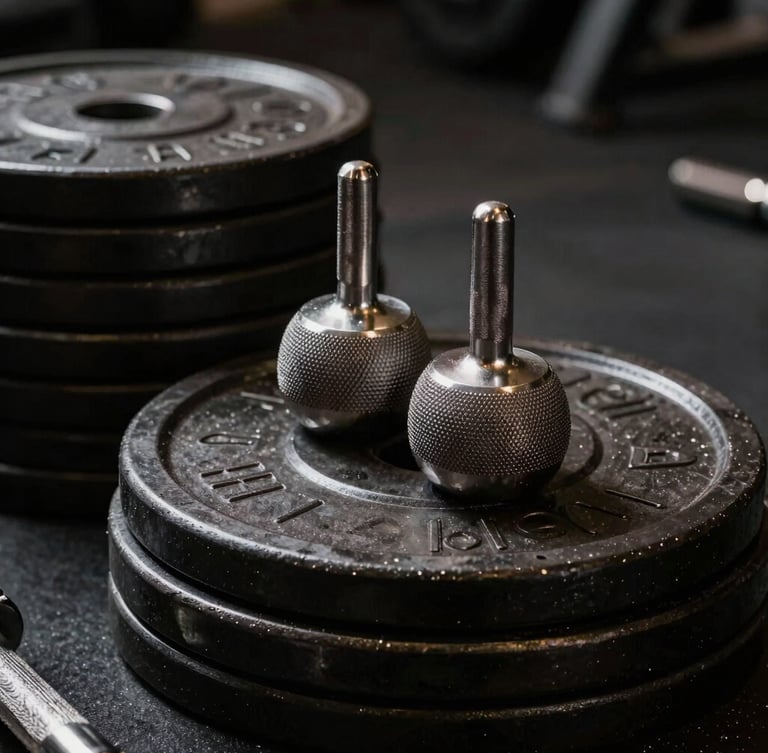 Close-up of premium knurled steel barbells and heavy-duty plates stacked neatly, dramatic key lighting highlighting metallic textures and deep shadows, 35mm lens.