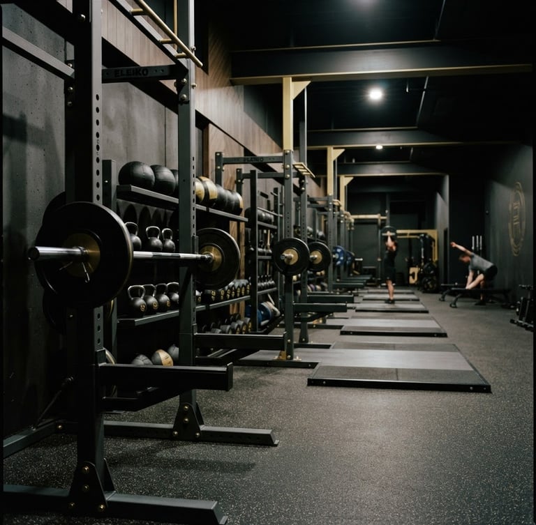 Wide environmental shot of a pristine premium gym interior, high-contrast dramatic key lighting highlighting knurled steel barbells and clean lines, deep charcoal and gold tones, 35mm lens.