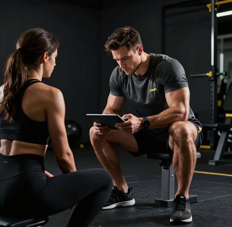 Moody athletic photography of a dedicated trainer analyzing metrics on a tablet with a client on a clean gym floor, high-contrast dramatic studio lighting, sharp focus.
