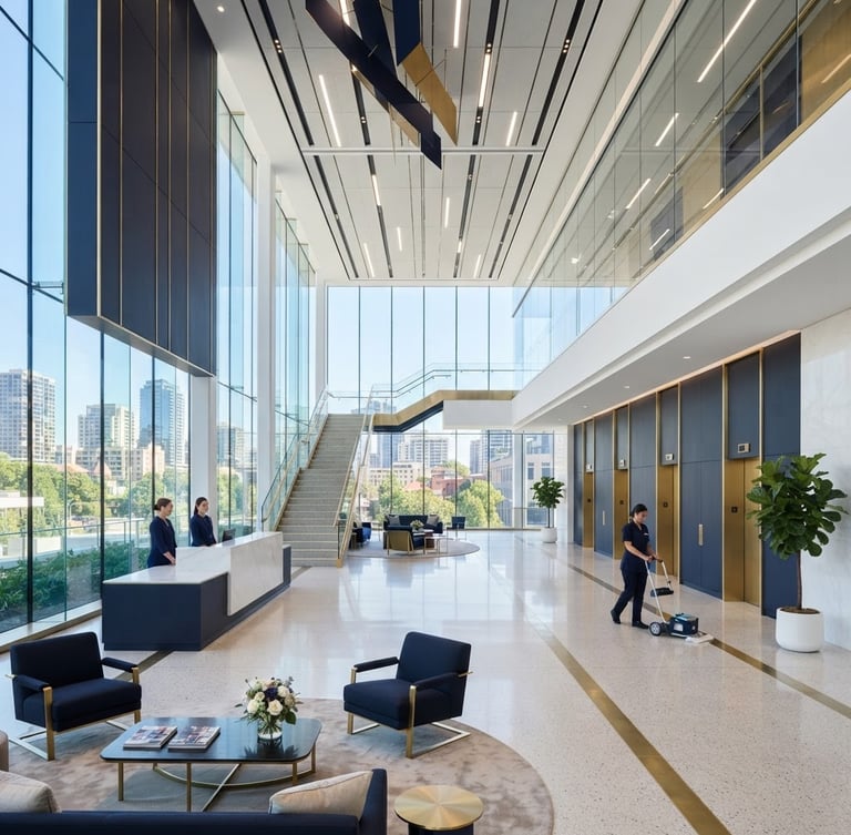 Wide panoramic view of a pristine, modern corporate lobby with high ceilings and large windows, reflecting natural light, a discreetly uniformed cleaning professional in the background, clean corporate navy and gold tones, sharp focus.
