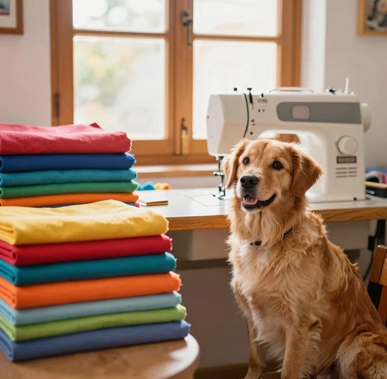 Warm indoor photography of a cozy family workshop in Celaya, colorful fabrics stacked neatly, sewing machine on a wooden table, soft golden window light
