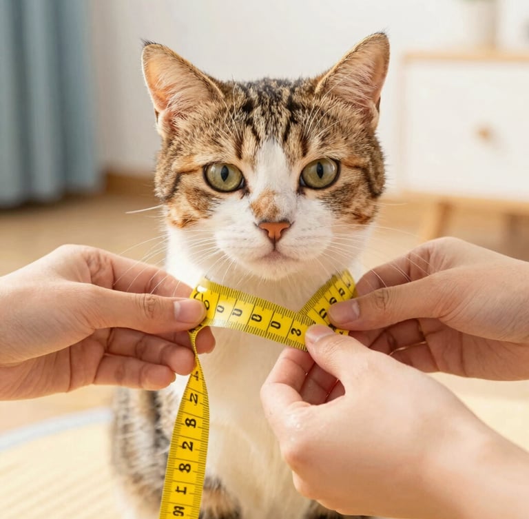 Close-up of gentle hands holding a yellow measuring tape around a calm cat's chest, soft home background, warm natural light, high texture of fabric.