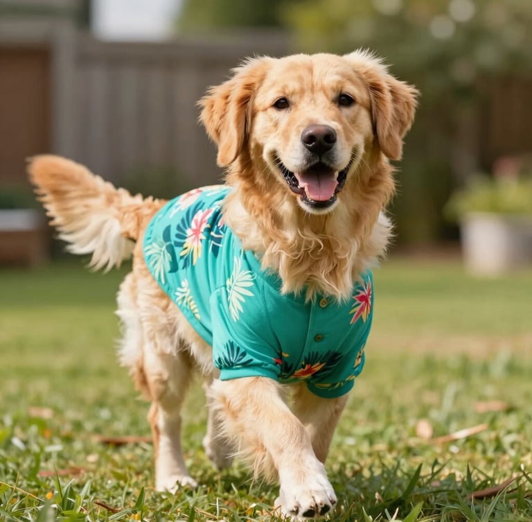 Happy golden retriever wearing a vibrant tropical teal dog shirt, running joyfully in a sunny backyard, soft focus background, warm natural daylight