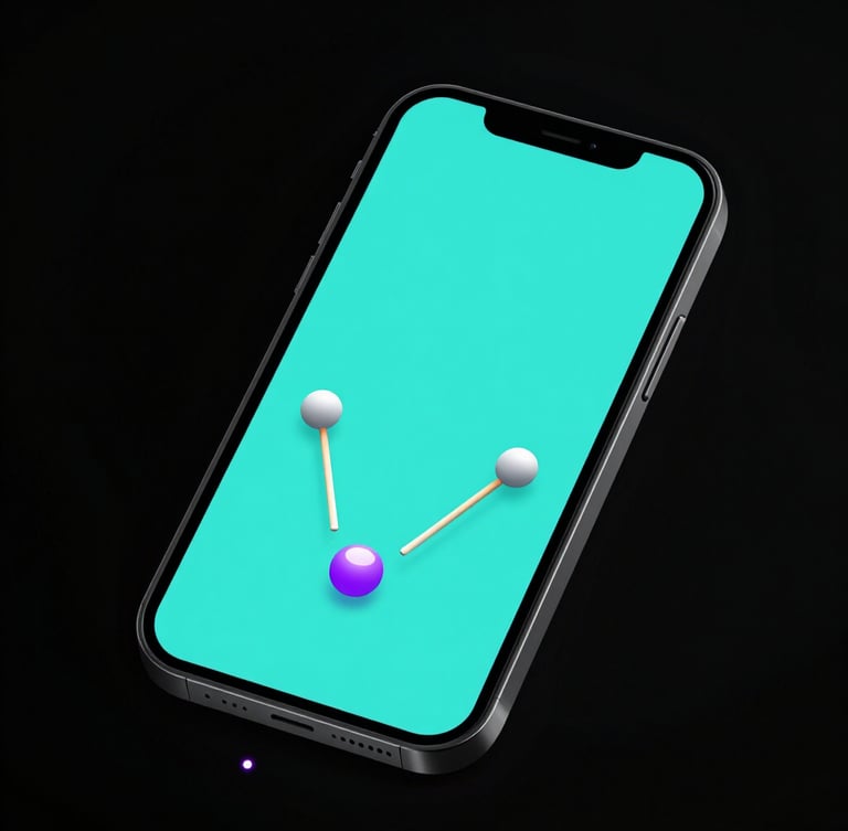 Mockup isométrico de um smartphone moderno exibindo o jogo Pong1, raquetes em vetor ciano brilhante e uma bola deixando um rastro de luz violeta sob fundo preto absoluto.